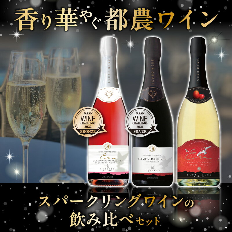 【ふるさと納税】【定期便も選べる】飲み比べ！！ 都農ワイン スパークリング ワイン 3本 セット 酒 飲料 アルコール 国産 ぶどう 赤ワイン 白ワイン 泡 甘口 辛口 シャンパン パーティー お祝い 記念日 イベント ギフト 贈り物 贈答 プレゼント 宮崎県 都農町 送料無料 サムネイル2