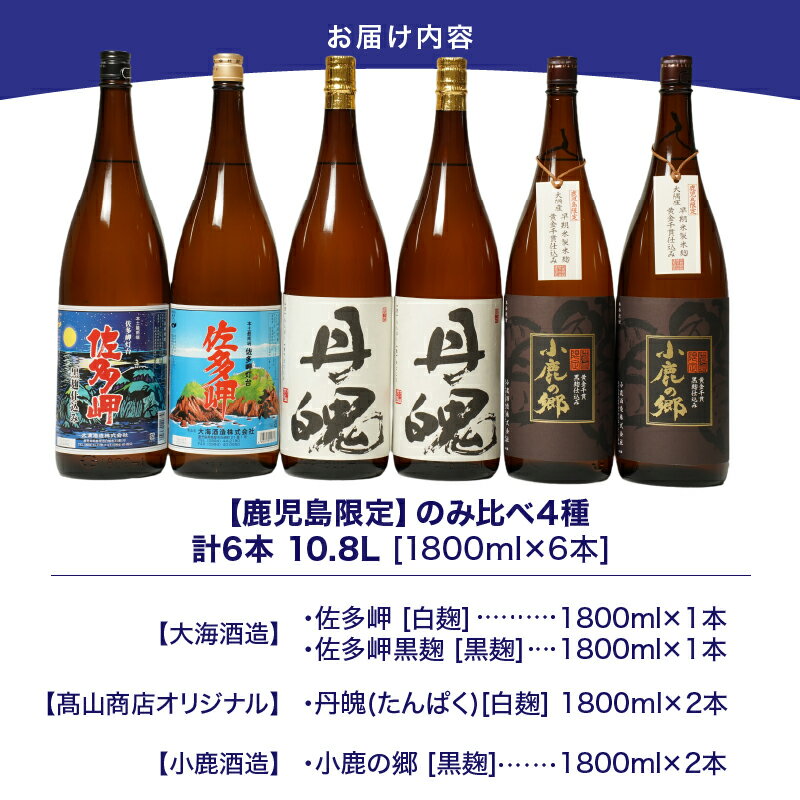 【ふるさと納税】【超特急便】【お急ぎ便】鹿児島限定 焼酎 のみ比べ 4種 計6本 10.8L（1800ml×6本）佐多岬 佐多岬黒麹 丹魄 小鹿の郷 限定焼酎 芋焼酎 芋 いも 焼酎 お酒 地酒 鹿児島 飲み比べ 高山商店 鹿児島 鹿屋市 おすすめ ランキング プレゼント ギフト サムネイル3