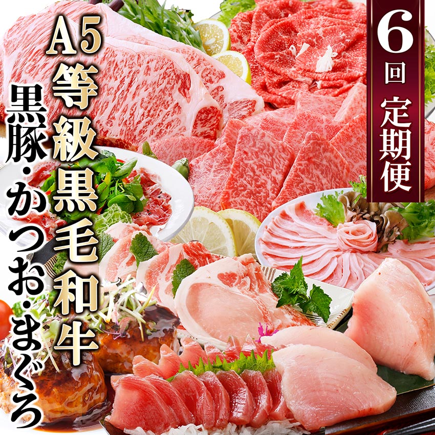 定期便(6回)A5等級黒毛和牛・黒豚・かつお・まぐろ FF-0058_ 肉 お肉 牛肉 サーロイン ステーキ 焼肉 ハンバーグ 切り落とし 豚肉 ロース バラ しゃぶしゃぶ 生ハム 鮪 鰹 カツオ【配送不可地域：離島】【1166770】