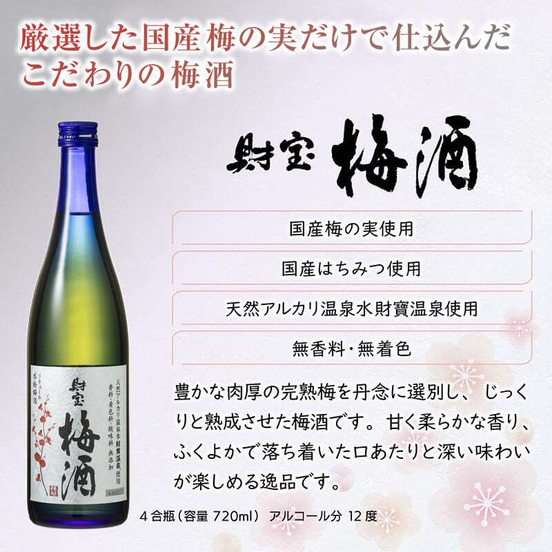 【ふるさと納税】 梅酒 2本セット 国産梅 国産はちみつ 使用 濃厚な味わい 4合瓶 720ml アルコール 12度 天然アルカリ温泉水 財寶温泉 使用 本格梅酒 定期便 ストレート ロック 炭酸割り 水割り 女性 人気 鹿児島県 すぐ届く【財宝】 サムネイル3