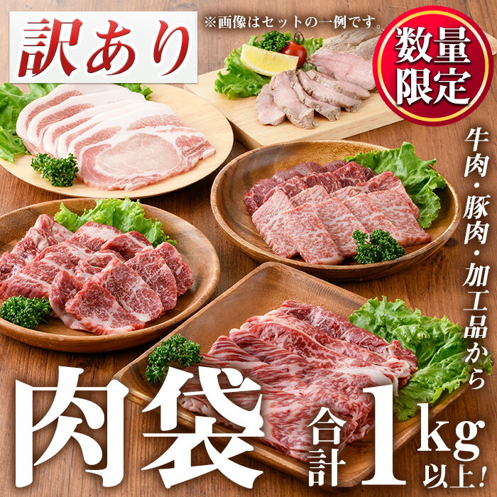 ＜訳あり・賞味期限間近＞お肉屋の肉袋！お楽しみ福袋(合計1kg以上！)国産 九州産 牛肉 黒毛和牛 和牛 豚肉 加工品 焼肉 焼き肉 スライス ステーキ ホルモン しゃぶしゃぶ 焼肉 食べ比べ セット キャンプ BBQ 訳あり 訳アリ 冷凍 福袋【カミチク】