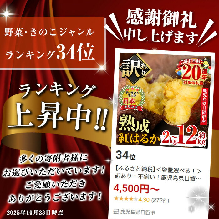 【ふるさと納税】＼レビュー高評価／訳あり・不揃い！鹿児島県日置市産さつまいも 熟成紅はるか(約2kg～約12kg) 国産 九州産 サツマイモ さつま芋 訳アリ 紅春香 熟成 芋 焼き芋 やきいも 野菜 スイーツ 常温 常温配送 常温保存 期間限定 市制20周年【末永商店】 - 画像2