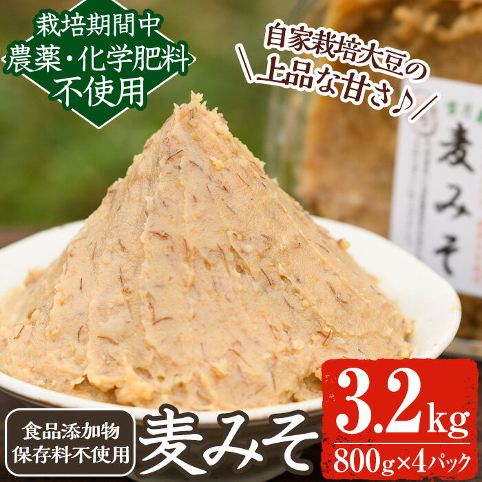《添加物不使用》麦みそ(計3.2kg・800g×4パック) 味噌 麦味噌 自家栽培 玄米麹 麹 こうじ みそ汁 味噌汁 野菜炒め 田楽 有機 有機農業 有機肥料【雲月農園】