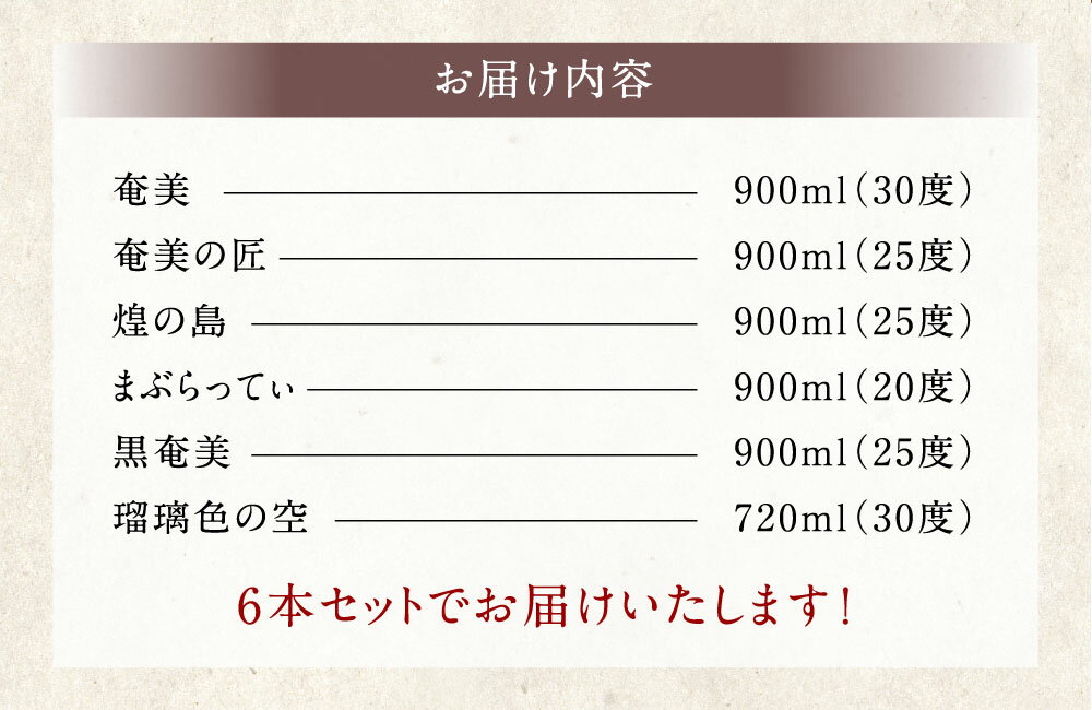 【ふるさと納税】本格 黒糖焼酎 お楽しみ 6本 セット 合計約5.2L (900ml×5本 + 720ml×1本) 飲み比べ バラエティ 黒糖 米麹 焼酎 瓶 お酒 酒 アルコール 国産 九州 鹿児島県 徳之島 天城町 奄美酒類 送料無料 サムネイル3