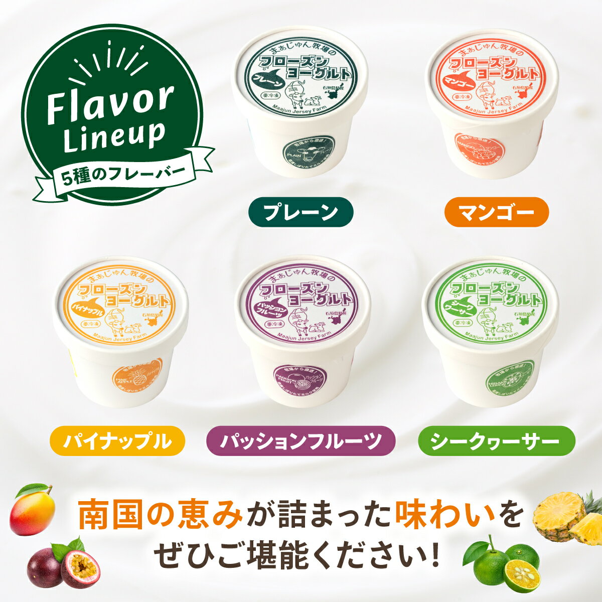 【ふるさと納税】まぁじゅん牧場のフローズンヨーグルトセット 5種詰め合わせ 10個入り (プレーン マンゴー パッションフルーツ パイナップル シークヮーサー) | アイスクリーム トロピカルフルーツ スイーツ 沖縄県石垣市 贈答品 - 画像3