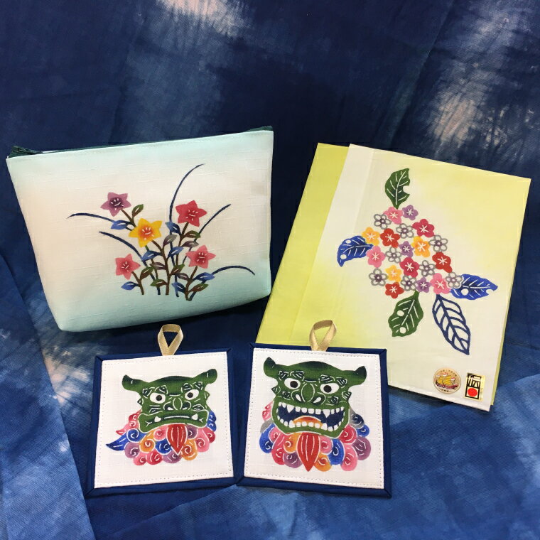 【ふるさと納税】琉球びんがた（手染め）「ポーチとハンカチとシーサーセット」 サムネイル2