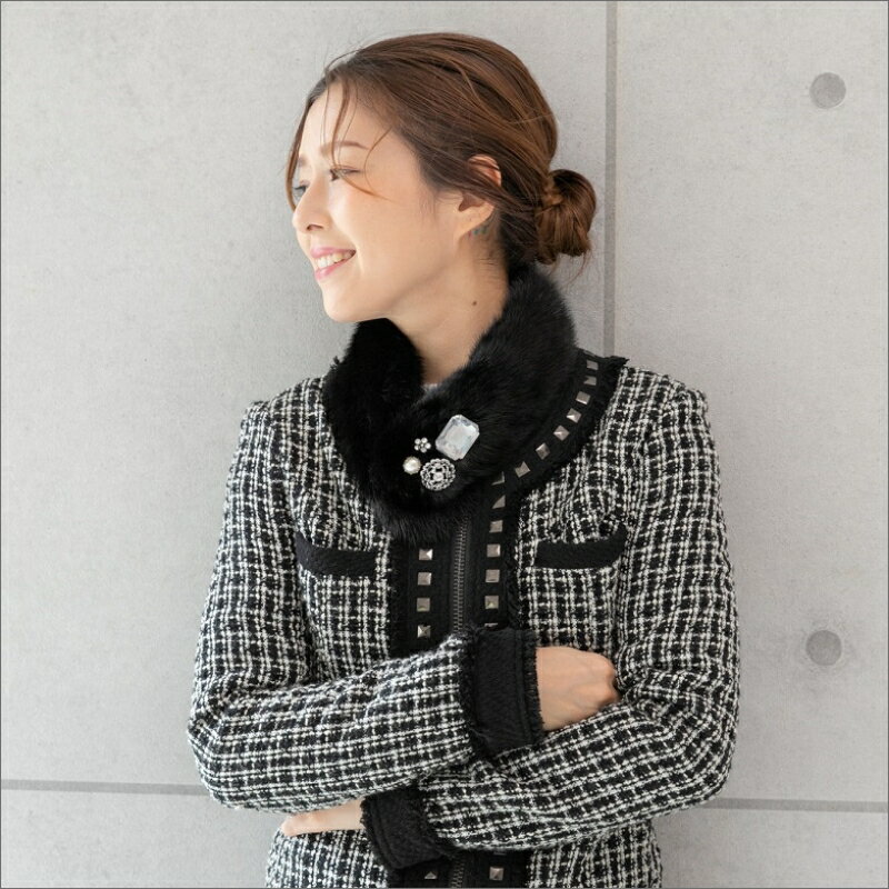 毛皮の宝石 高級ミンク ビジューパーツ装飾チョーカー ブラック