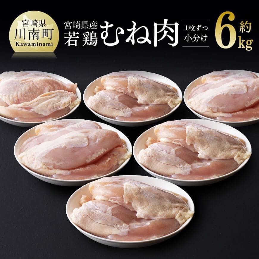 宮崎県産若鶏 むね肉約6kg(1枚ずつ小分け) - 肉 鶏 鶏肉 国産 九州産 ムネ肉 新鮮 むね 鶏天 唐揚げ からあげ チキン南蛮 どんぶり カレー 炒めもの 煮物 揚げ物 水炊き 小分け たっぷり 大容量 送料無料 宮崎県川南町 C07802