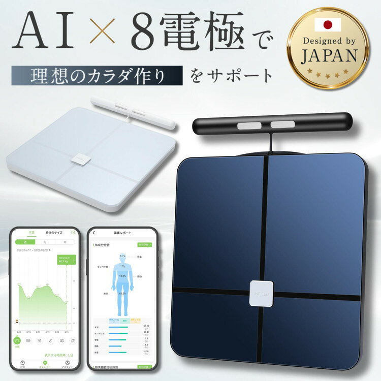 【選べるカラー】INFIELD「AI×体重計」プレミアム【最大1年保証】 | 体組織計 最先端技術 デュアル周波数搭載 ジムレベルの44項目全身スキャン Bluetooth スマホ 連動 体脂肪計 体脂肪率 水分率 基礎代謝 体脂肪 ヘルスメーター 黒 白