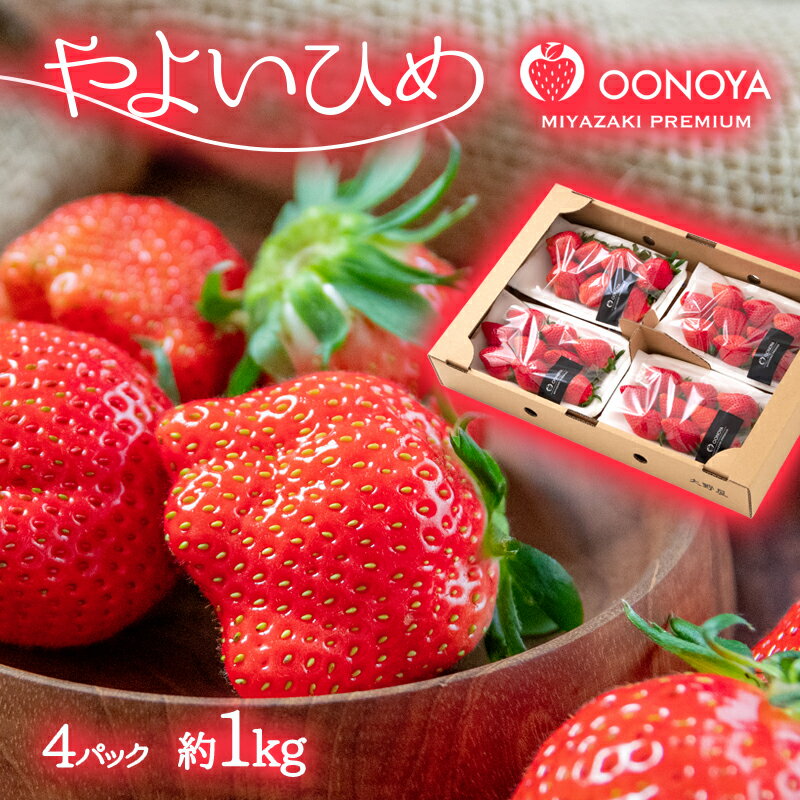 苺大野屋「やよいひめ」4パック(約1kg)宮崎県 西都市産 いちご 訳あり たっぷりご家庭用 ふぞろい さいと サイト 先行予約 果物 フルーツ<2-104>