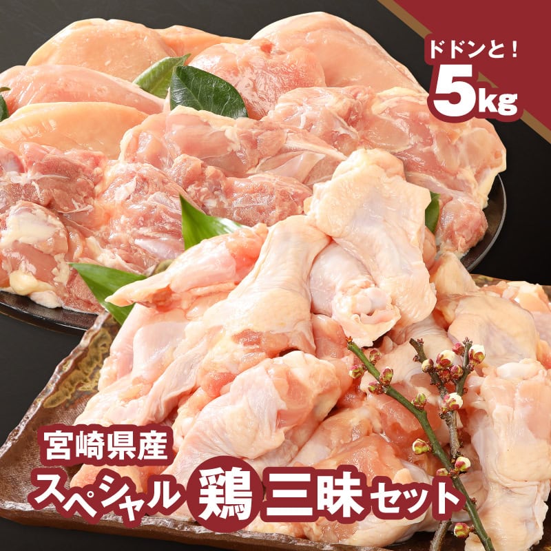 宮崎県産鶏 スペシャル鶏三昧5kgセット - 鶏もも肉 鶏むね肉 手羽元 総重量5キロ 鶏肉セット 唐揚げ/チキン南蛮/サラダチキン/煮物 3種類の部位 真空パック 送料無料【宮崎県木城町】