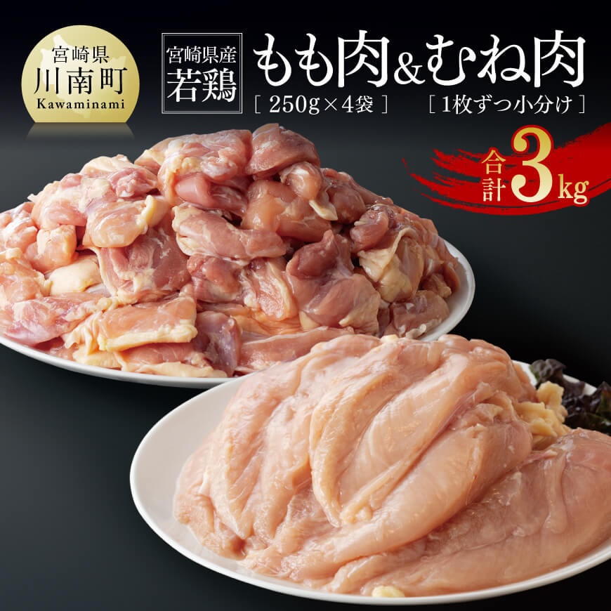 宮崎県産若鶏 もも肉(250g×4袋)&むね肉2kg(1枚ずつ小分け)計3kg - 肉 鶏肉 精肉 セット 小分け 便利 若鶏 もも むね 九州産 宮崎県産 おうち時間 おうちごはん 送料無料 川南町 C06902