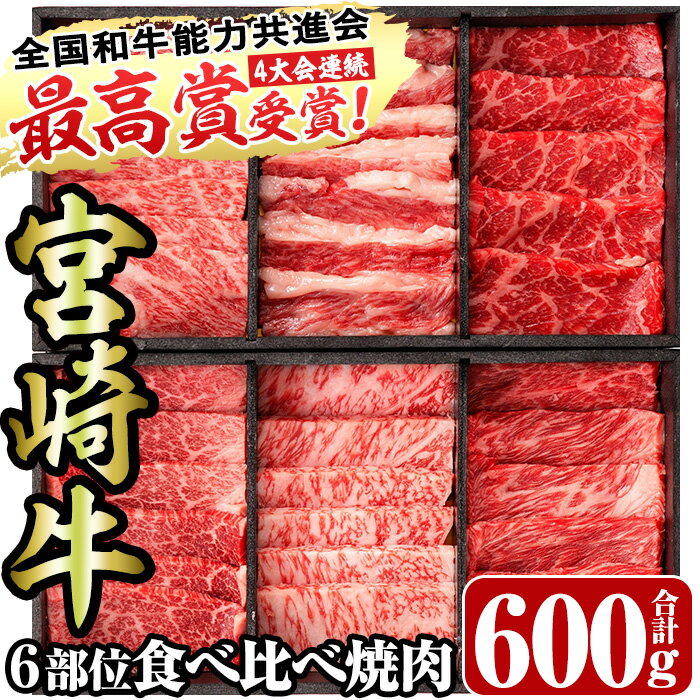 <先行予約受付中!2026年1月から順次発送予定><宮崎牛・3D冷凍>6部位食べ比べ焼肉(合計600g)牛肉 肉 ロース バラ モモ ヒレ ウデ セット 黒毛和牛 BBQ 国産 冷凍 宮崎県 門川町 ふるさと納税【R-27】【株式会社ミヤチク】
