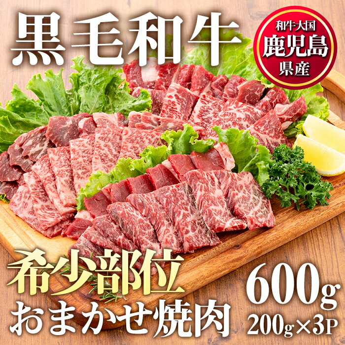 鹿児島県産黒毛和牛希少部位おまかせ焼肉(計600g・200g×3P)国産 九州産 牛肉 黒毛和牛 和牛 焼肉 焼き肉 希少部位 ミスジ 三角バラ フランク カイノミ 冷凍【カミチク】